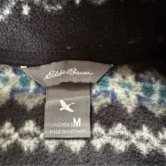 Womens Medium Eddie Bauer Navy Fair Isle Fleece Pullover Snap Buttons Pockets - Picture 10 of 10